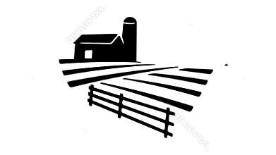 Field with tractor, barn and silo tower, graphic animation. Alpha channel. Black