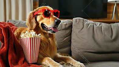 Dog sits on couch with popcorn, watching TV. Funny pet relaxes, Ai Generated