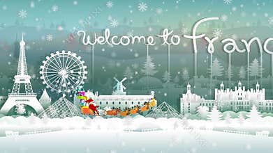 Travel France with Santa claus and Reindeers and snow sled.