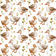 Cheerful Ducklings and Florals Watercolor Pattern