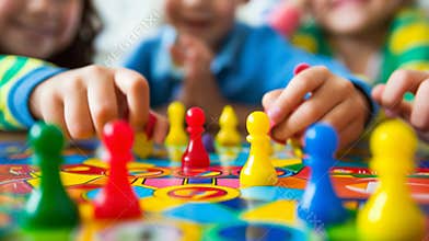 close-up of playing board game and having fun with friends and family in room indoors, board game concept, group of kids