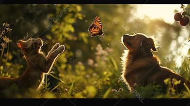 Generative AI cute fluffy friends a cat and a dog catch a flying butterfly in a sunny summer garden business conce