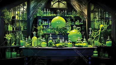 Witch or wizard alchemical laboratory with magic books and potions with mystic glow at night. Futuristic alchemy lab