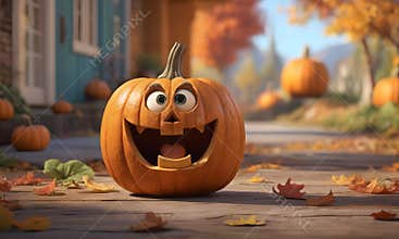 a cartoon pumpkin with arms and legs is walking down a street