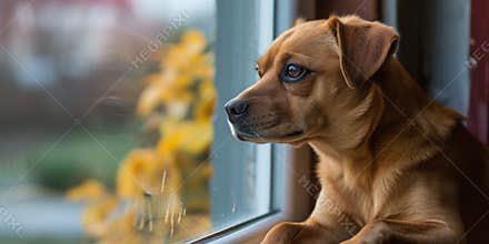 Brown Dog Observing Outside Through Window