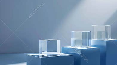 Generative AI Pedestal podium display glass cubes on blue with shadow and reflection block platform transparent ge
