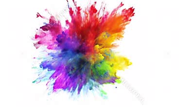 Colorful powder explosion in vibrant multicolored spectrum of rainbow colors on white background