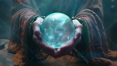 Witch or fortune teller hands holding crystal ball with fog or smoke inside. Halloween, magic or witchcraft concept.