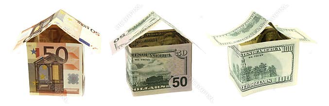 Set of Euro and US Dollars Houses, isolated on transparent background, banking and sales concept