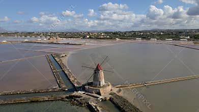 old historical mill at the Salt Pans near Marsala at Sicily, Italy in Europe