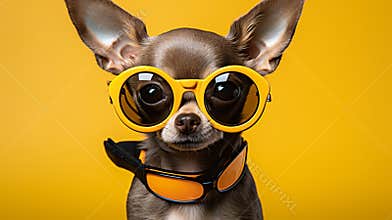 Stylish dog in fashion sunglasses on yellow background. Funny pet in eyeglasses. Cool animal concept