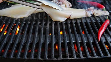 Lay out the squids on the cast iron grill barbecue. Seafood