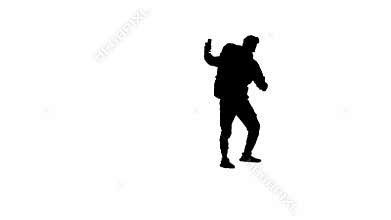 Black silhouette of a male traveler taking selfies on a mobile phone during a hike. A male traveler stands on white