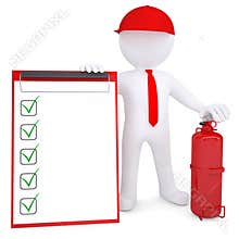 3d man with fire extinguisher and checklist