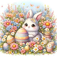 A cute and adorable bunny surrounded by the easter eggs and blooming flowers, cartoon, rabbit, white background, animal art