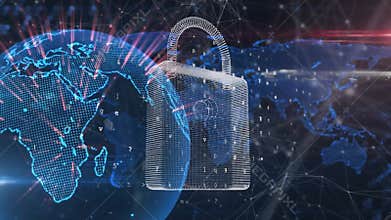 Animation of digital padlock and network of connections over globe