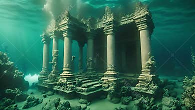 Lost civilization of Atlantis deep in the ocean. Underwater ruins. Magic blue ocean with ancient antique ruins, deep sea