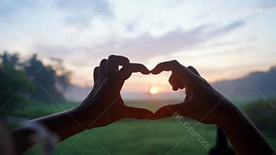 Person making hands love sign against the sun on the field. Hands of woman showing heart shape. Love and compassion concept