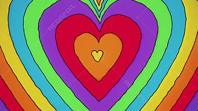 Vintage Hand-Drawn Concentric Psychedelic Colorful Hearts Background Loop