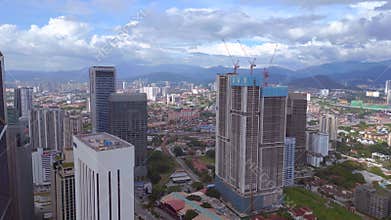 KL City petronas twin towers Skyscraper day. Stunning aerial view flight drone