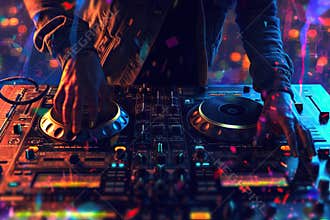 Dj plays disco music with his consolle in a pub. Generative AI