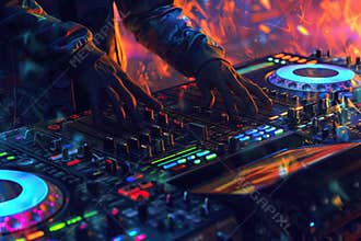 Dj plays disco music with his consolle in a pub. Generative AI