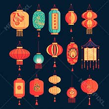 Set of Chinese lanterns in flat style