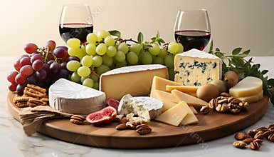 Gourmet French food wine, camembert, bread, and grapes on table generated by AI