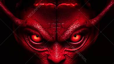 Sinister demon with red eyes and horns in dark ambiance. Creepy devil with intense stare. Concept of Halloween, Day of