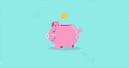 Saving money in piggy bank animation, banking and finance concept