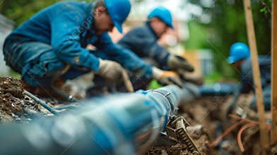 A team of workers completing the final touches on a geothermal heat pump installation ready to be tested