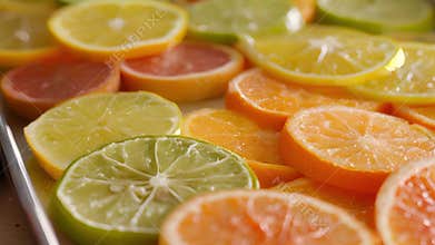 A tray of freshly squeezed citrus fruits waiting to be added to soda recipes
