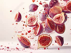 photography of FIGS falling from the sky, hyperpop colour scheme. glossy, white background Fig collection. Fig isolated