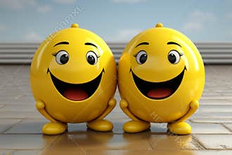 Two cheerful yellow cartoon faces with happy smiles isolated on white background