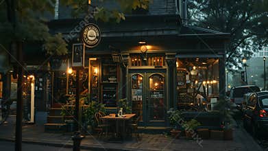 A building with a clock on its front facade, situated on a bustling street corner, A cozy coffee shop nestled on a bustling street