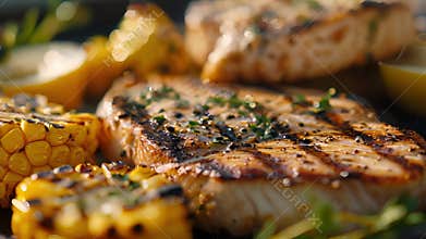 Grilled swordfish steaks with a side of grilled corn on the cob ready to be enjoyed while watching the sun sink into the