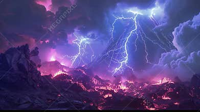In the midst of the chaos of a volcanic eruption bolts of lightning crackle and light up the sky