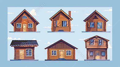 This is a set of cartoon illustration sketches showing a wood cabin house. A small log shack with windows and doors