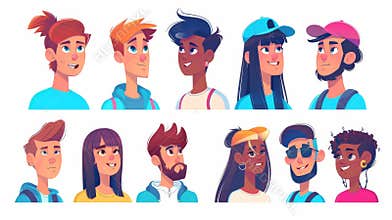 Various avatars, man and woman faces for social media profiles. Modern flat illustration of portraits of men and women
