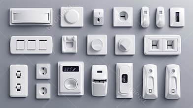 Various types of toggle switches and outlets of different styles on a wall. Modern realistic set of 3D toggles and
