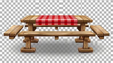 Picnic table with benches and red plaid tablecloth isolated on transparent background. Modern realistic set of empty