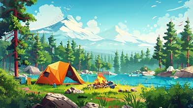 Woman snoozing in tent at summer camp on lake shore when man wakes up. A modern cartoon illustration of trees, grass, a