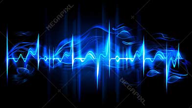 The blue neon audio sound voice wave pulse light is on top of a radio frequency modern effect background. There is also