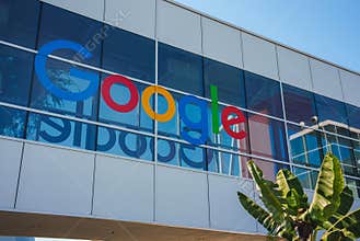 Colorful Google logo on modern corporate building with lush green leaves in foreground.