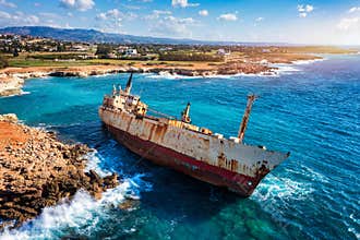 Abandoned Edro III Shipwreck at seashore of Peyia, near Paphos, Cyprus. Historic Edro III Shipwreck site on the shore of the water
