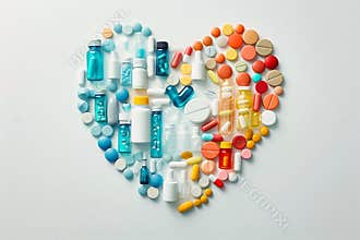 Assorted medications forming a heart shape on white background