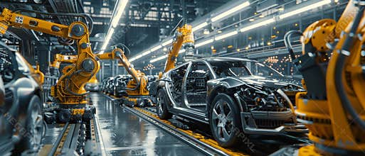 An automated robot arm assembly line manufacturing electric cars. An automatic construction, building, and welding