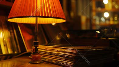 The soft orange glow of a lamp illuminating a stack of vinyl records creating a cozy and intimate atmosphere for theutic