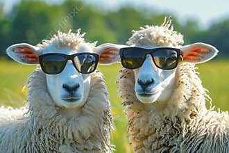 Two white, glamorous fierce sheep wearing black sunglasses. comic photography.