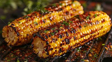 corn on the cob grilled, topped with butter, spices, on picnic table perfect for a summer bbq gathering